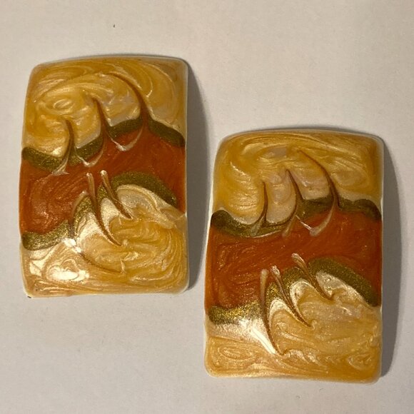 Vintage Cream Beige Copper Swirl Enamel Clip On Earrings 70s 80s Retro Fall - Picture 5 of 11